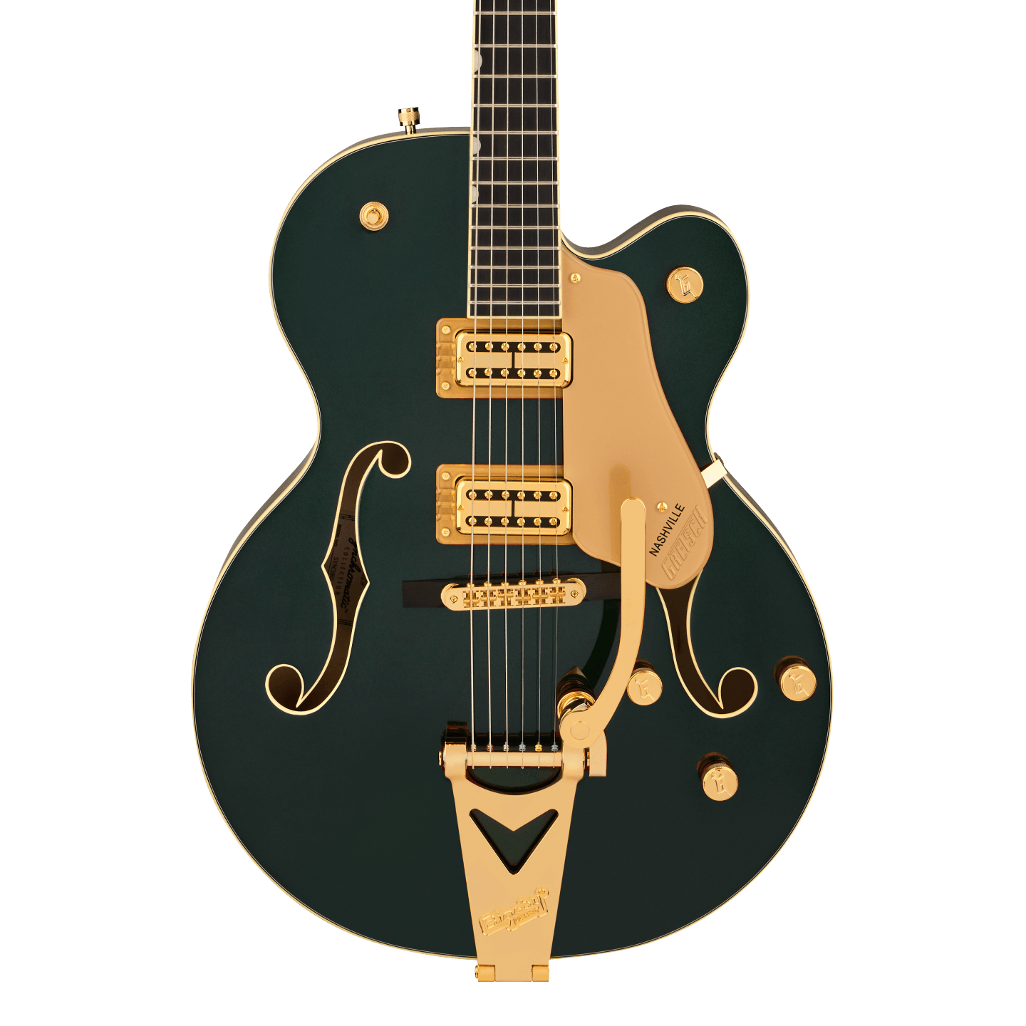 Front of Gretsch Synchromatic Nashville w/Bigsby Cadillac Green.