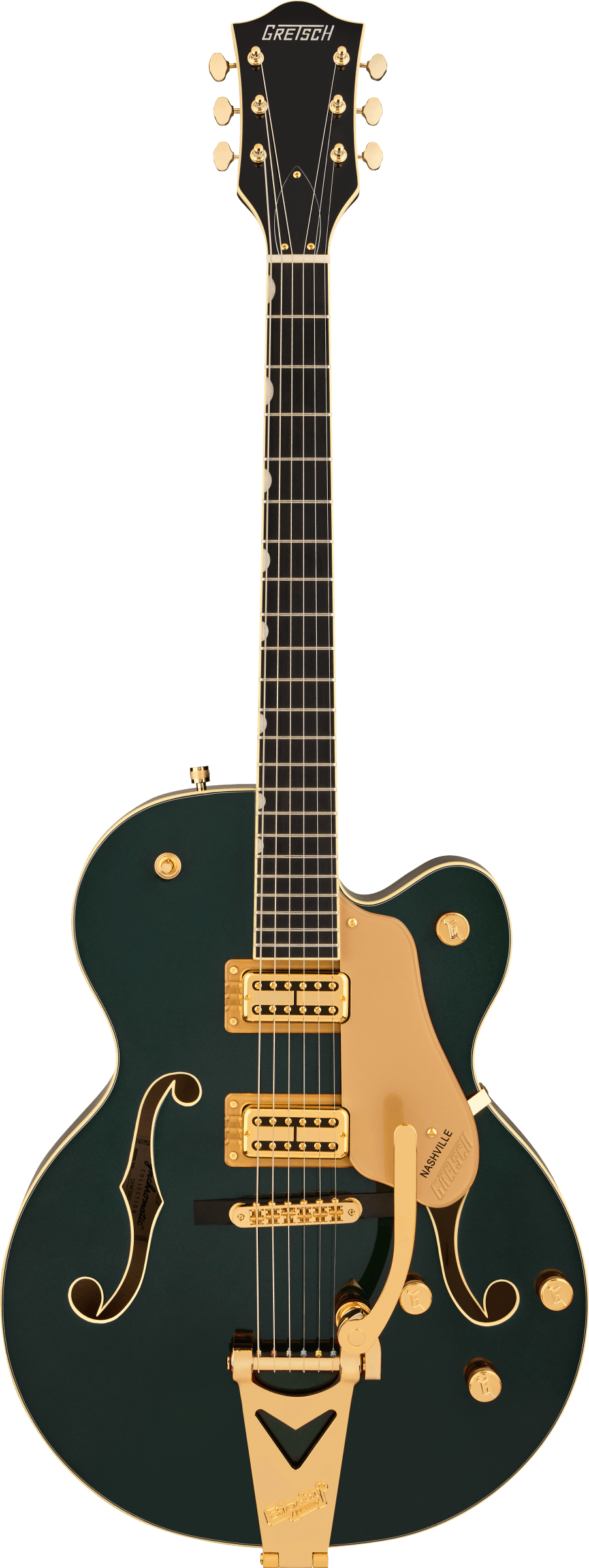 Full frontal of Gretsch Synchromatic Nashville w/Bigsby Cadillac Green.