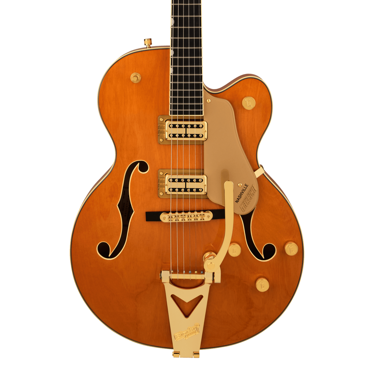 Front of Gretsch Synchromatic Nashville w/Bigsby ‘50s Orange Stain.