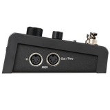 Black audio interface with MIDI ports on a white background