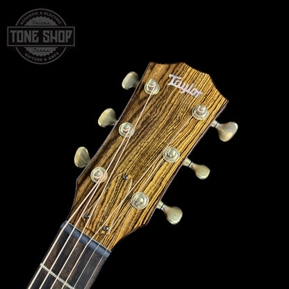 Front of headstock of Taylor Custom GA #12508 Stripy Sinker Redwood w/Bocote B/S.