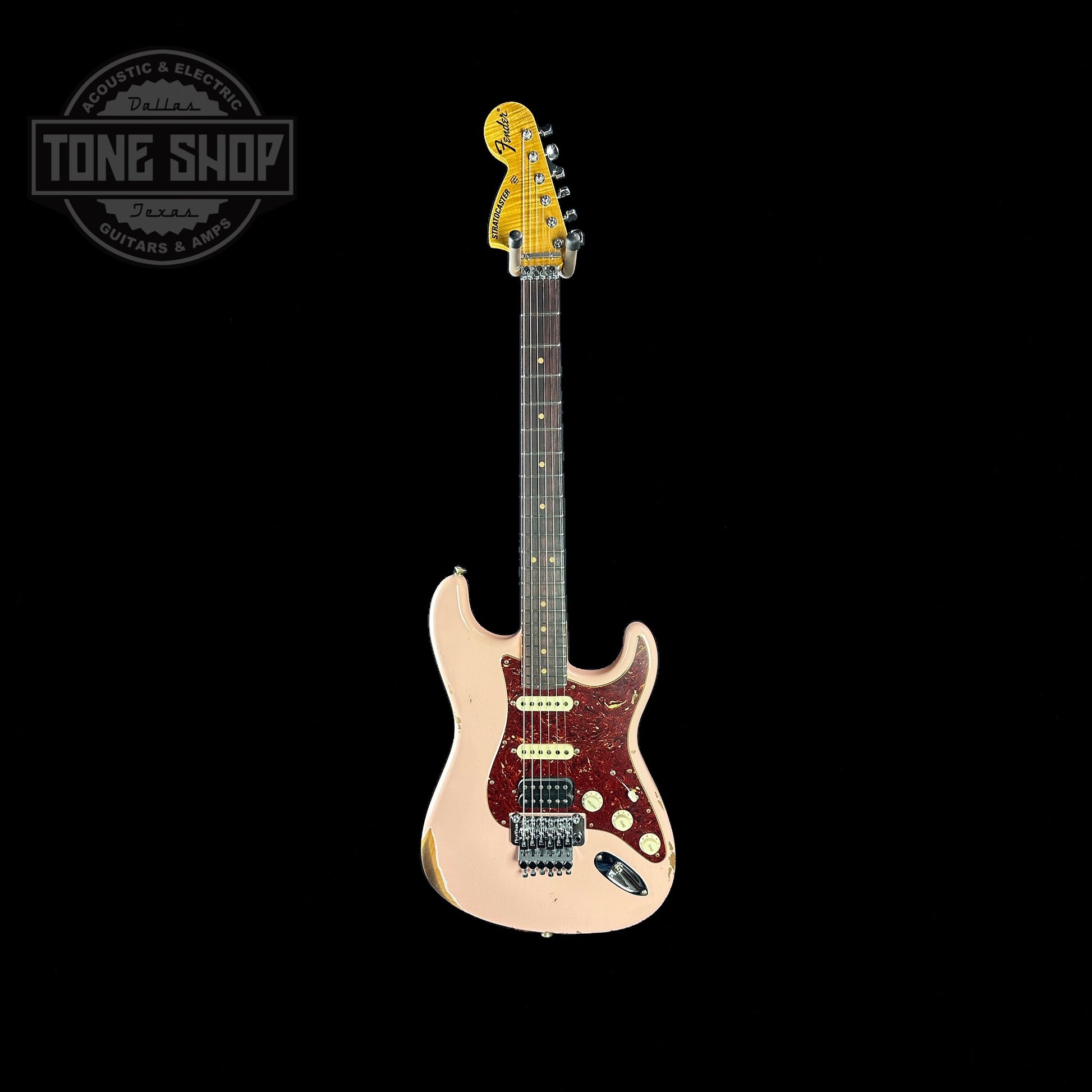 Full front shot of Fender Custom Shop 69 Stratocaster Relic HSS Shell Pink Reverse Headstock.