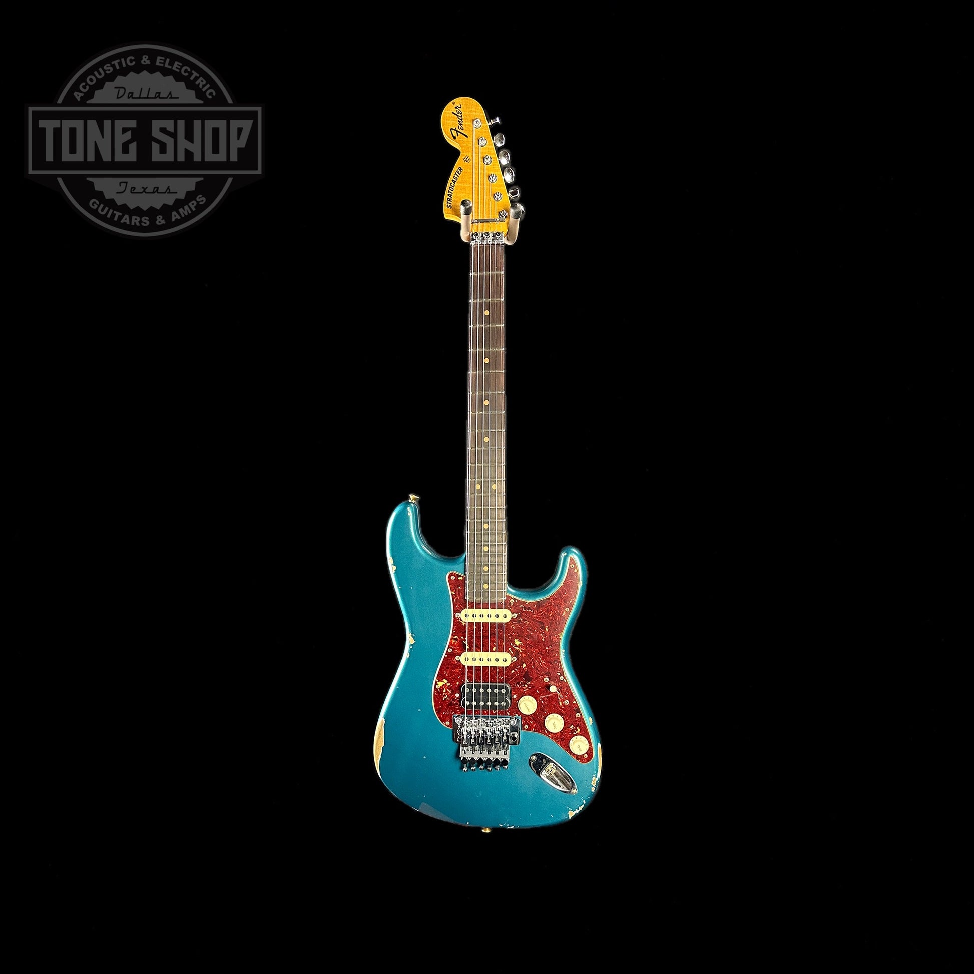 Full front shot of Fender Custom Shop 69 Stratocaster Relic HSS Ocean Turquoise Reverse Headstock.