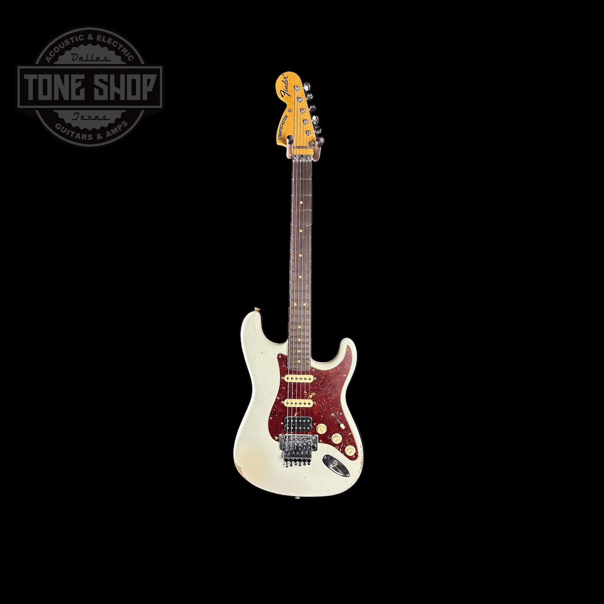 Full front body shot of Fender Custom Shop 69 Stratocaster Relic HSS Oly White Reverse Headstock.