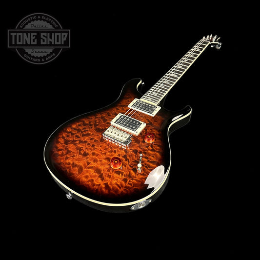 Front angle of PRS Paul Reed Smith SE Custom 24 Quilt Top Black Gold Sunburst.