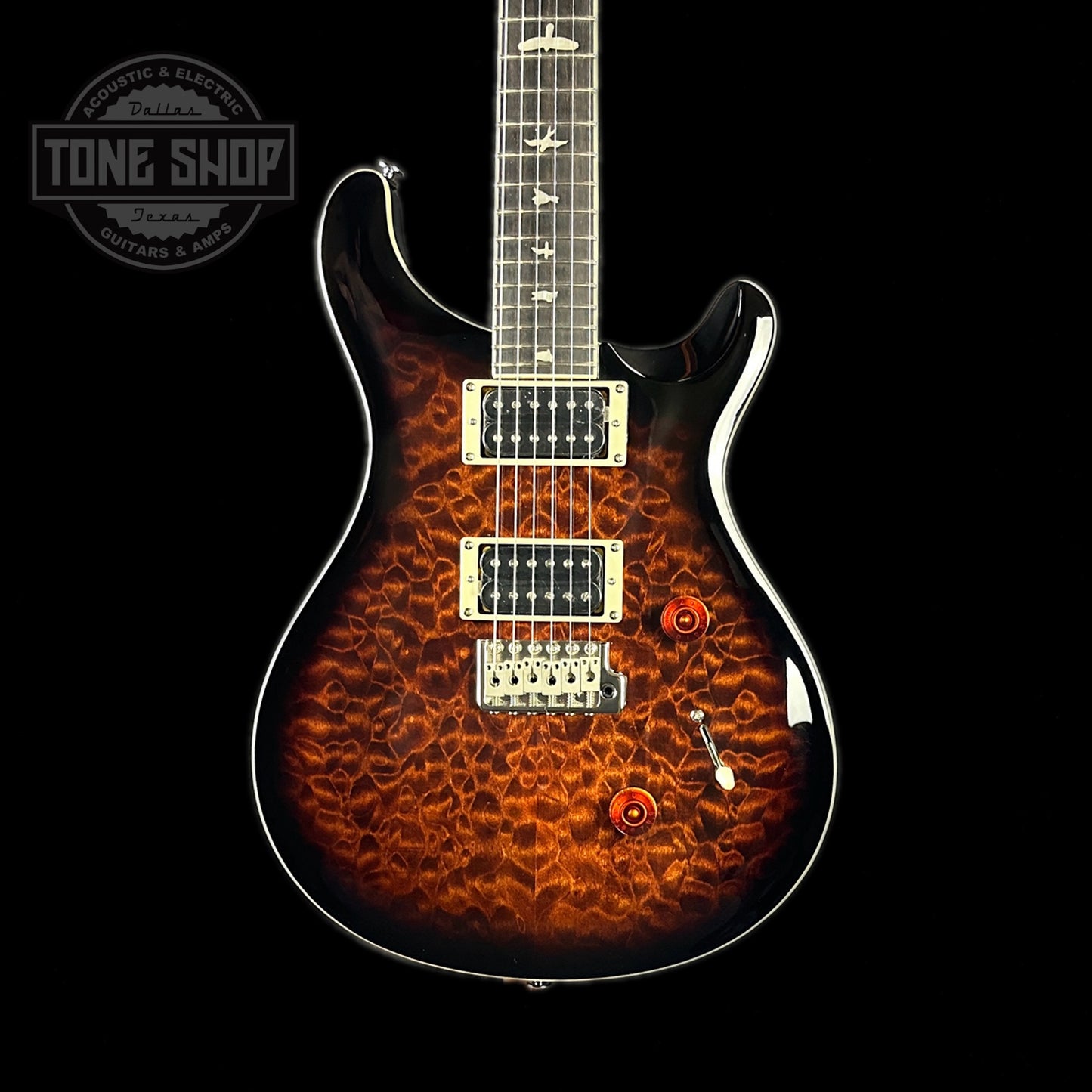 Front of body of PRS Paul Reed Smith SE Custom 24 Quilt Top Black Gold Sunburst.