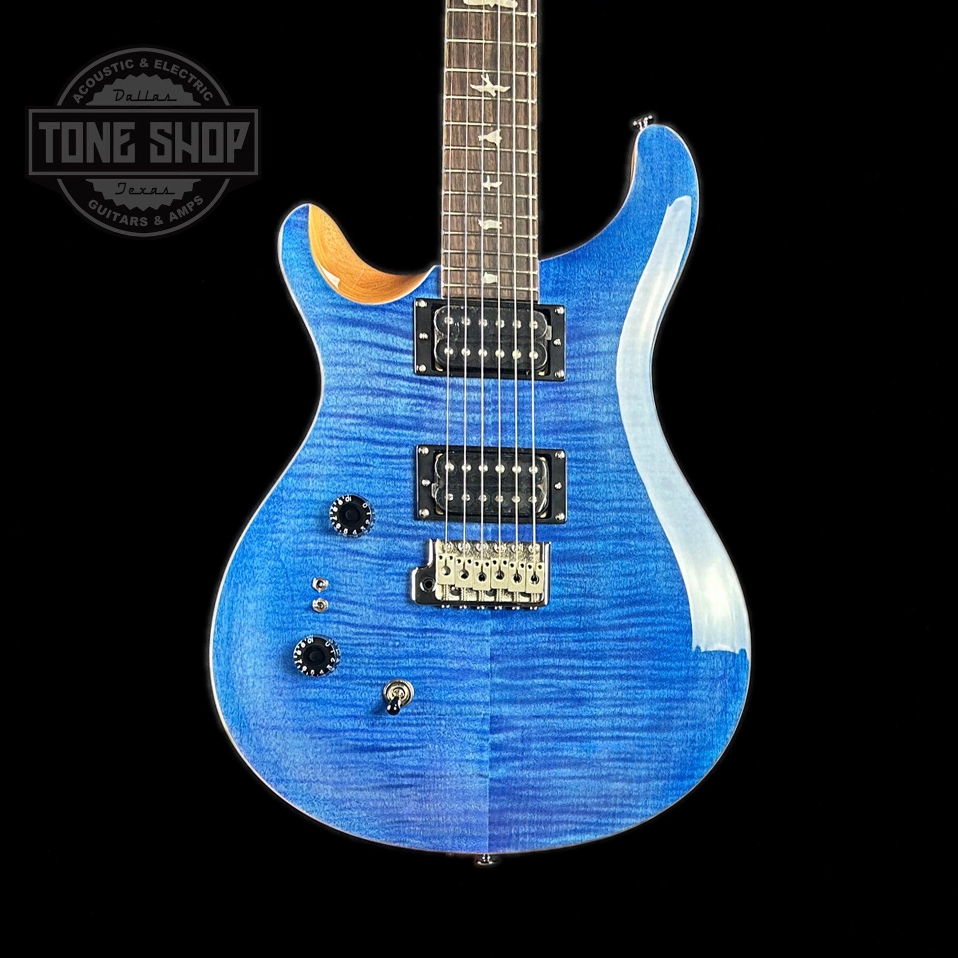 Front of body of PRS Paul Reed Smith SE Custom 24-08 Lefty Limited Faded Blue.