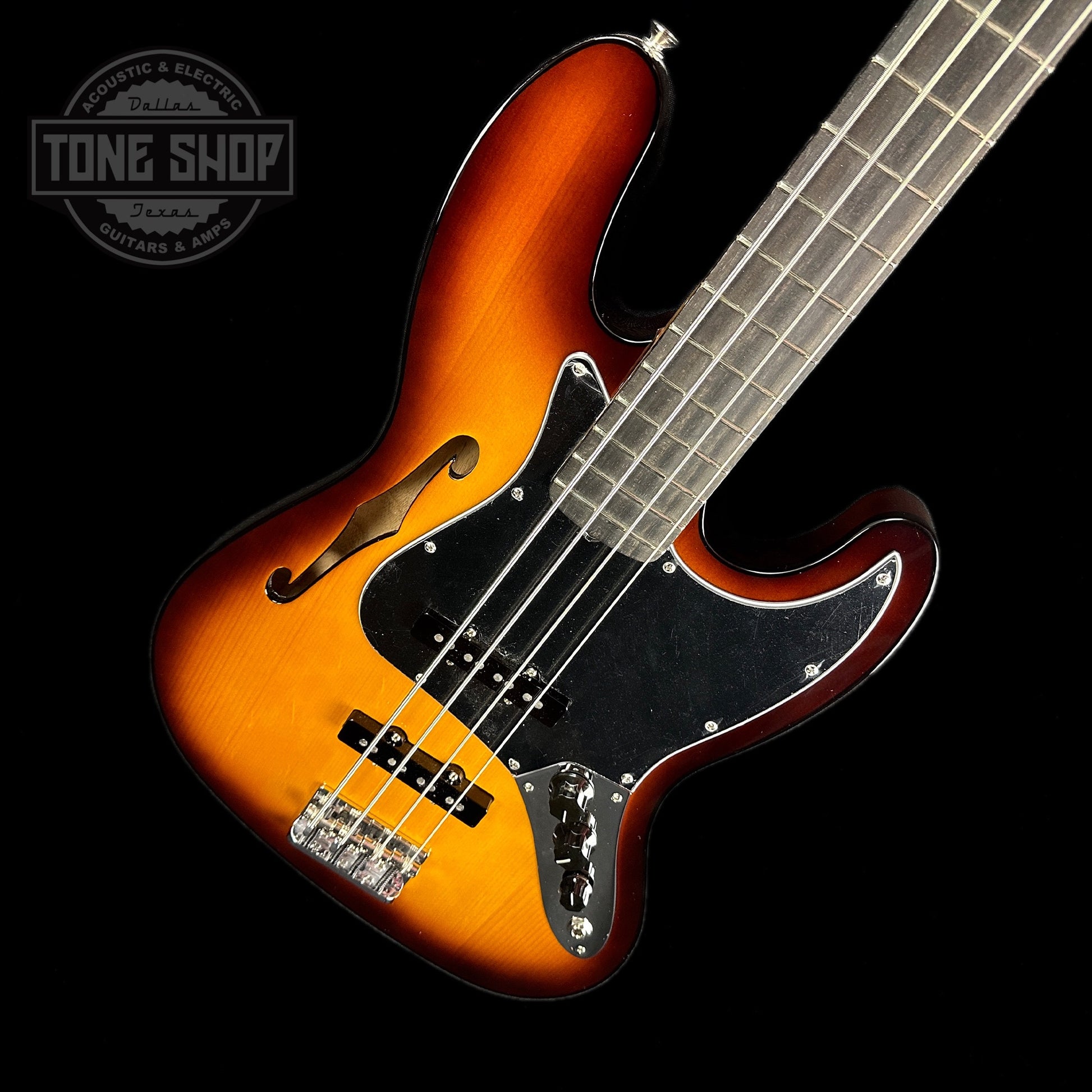 Front angle of Fender Limited Edition Suona Jazz Bass Thinline Ebony Fingerboard Violin Burst.