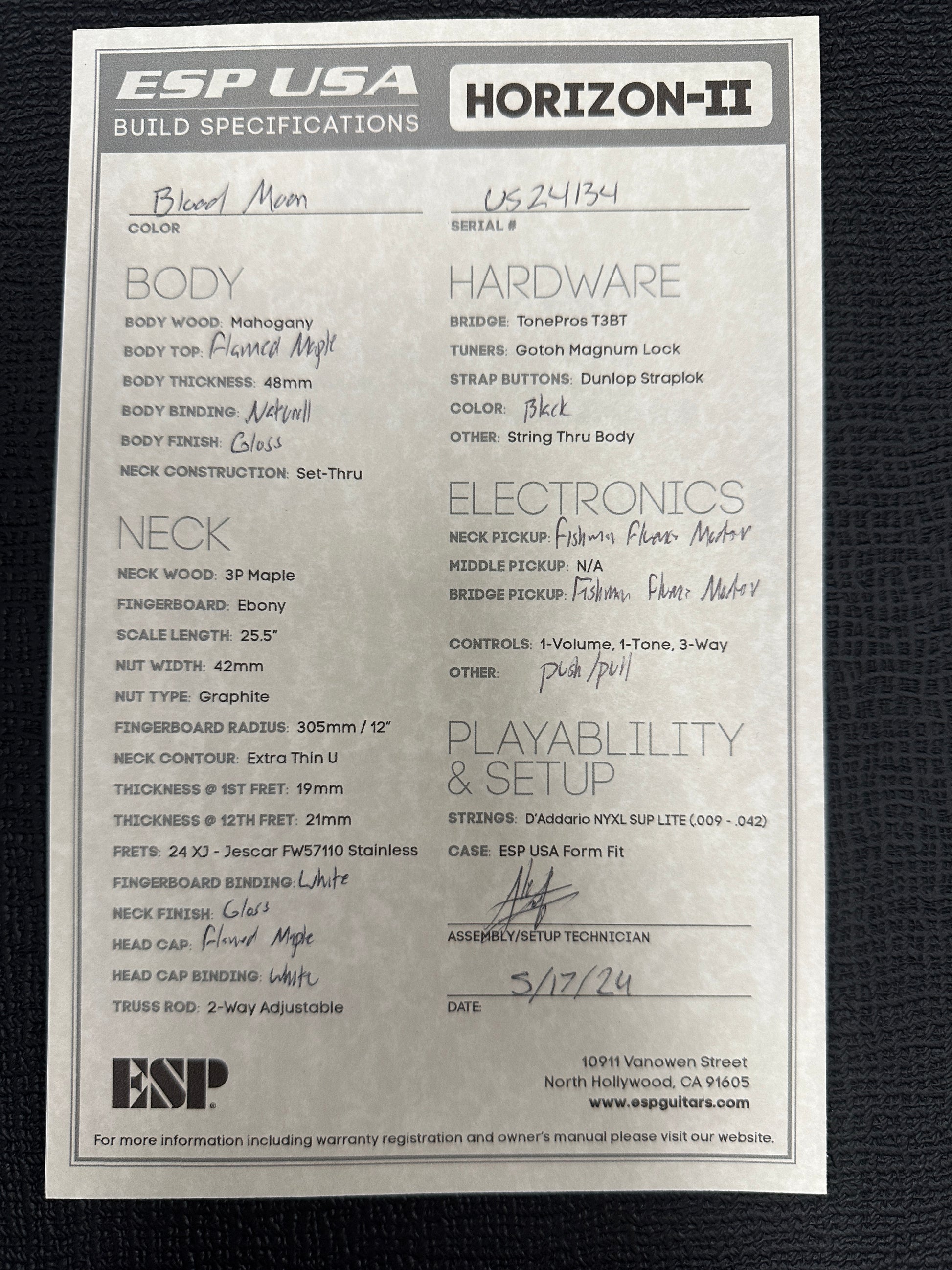 Spec sheet for ESP USA Horizon-II Flame Maple Blood Moon Satin.