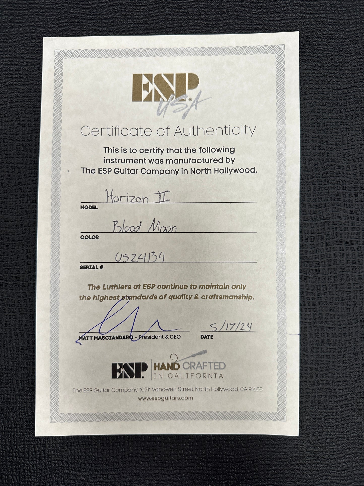 Certificate of authenticity for ESP USA Horizon-II Flame Maple Blood Moon Satin.