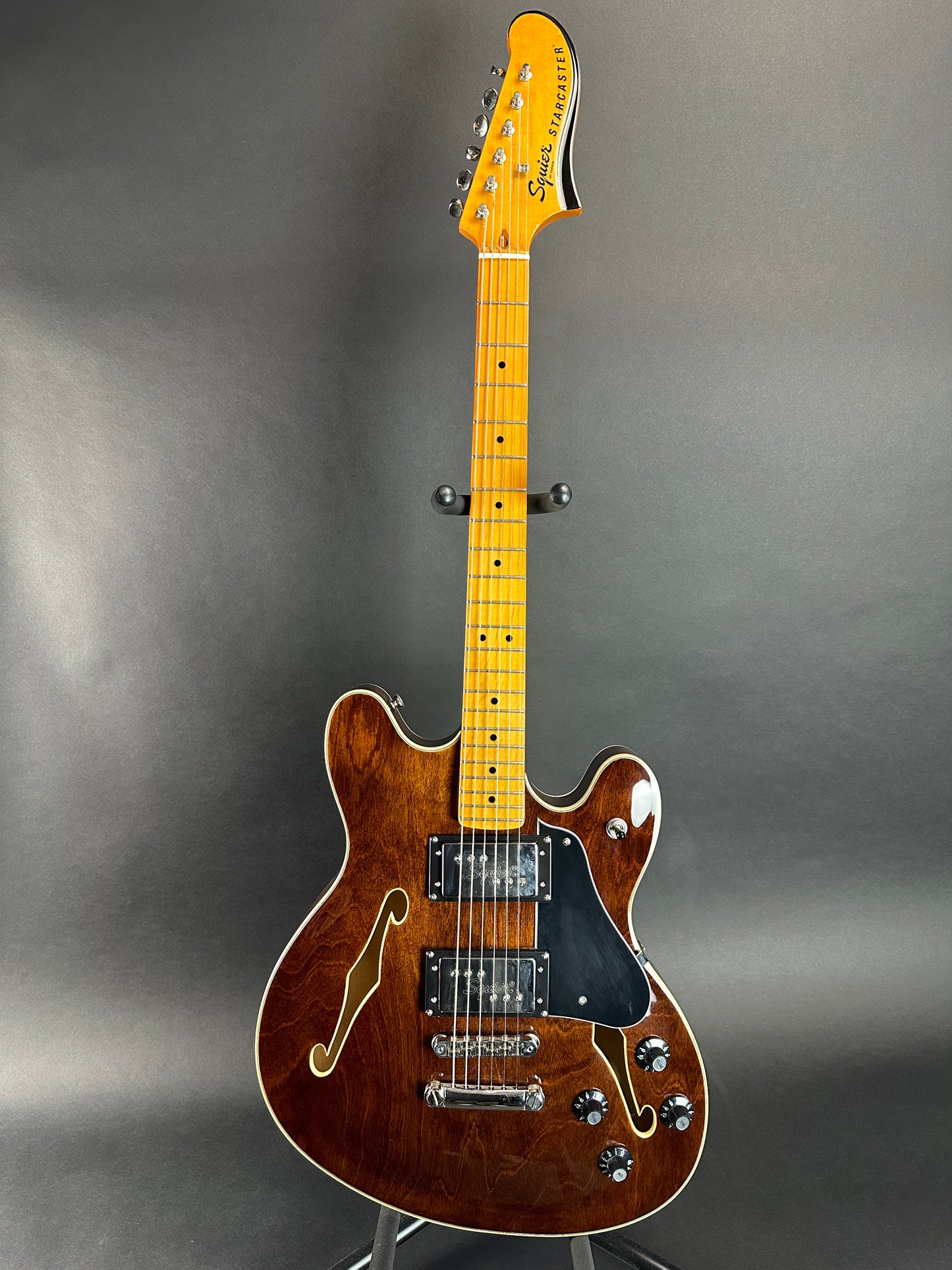 Full front of Used Squier Starcaster Walnut.