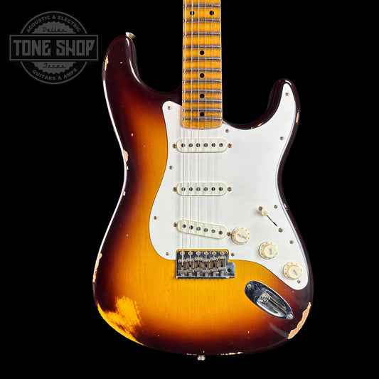 Front of body of Fender Custom Shop Limited Edition Fat 50s Strat - Relic Wide-Fade Chocolate 2-color Sunburst.