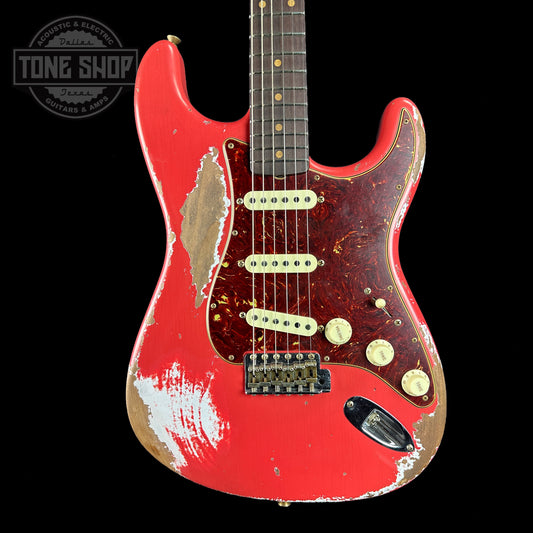 Front of body of Fender Custom Shop Limited Edition Roasted 60 Strat Super Heavy Relic Aged Fiesta Red.