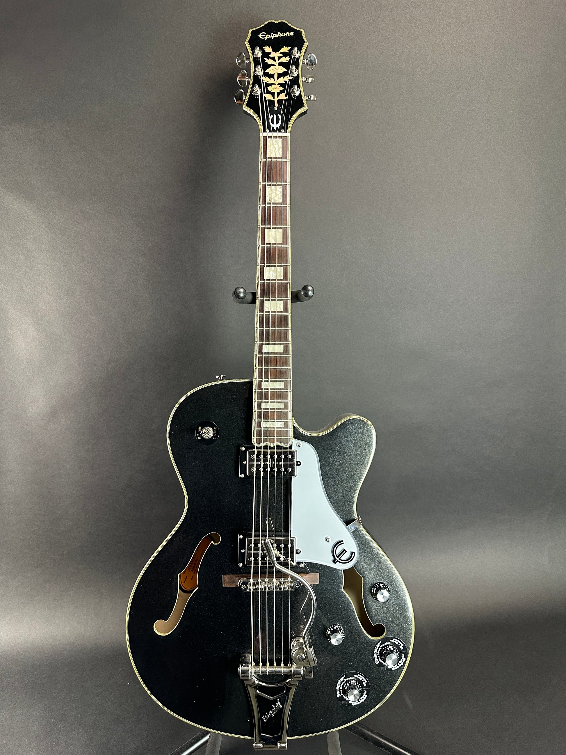 Full front of Used Epiphone Emperor Swingster Black.