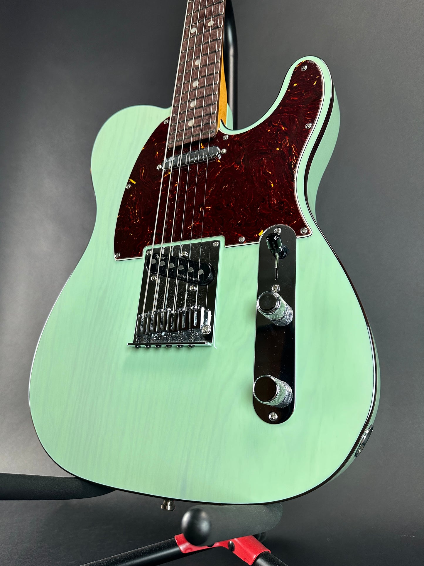 Front angle of Used Fender Ultra Luxe Tele RW Surf Green.