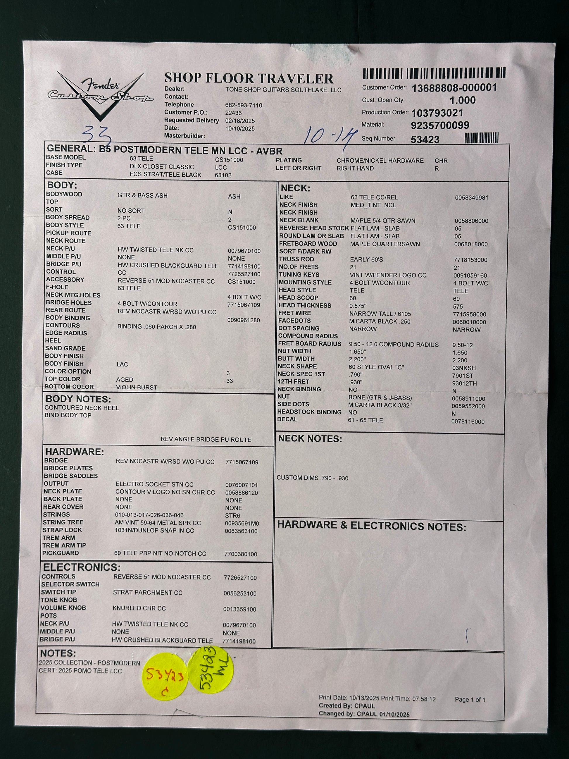 Fender Custom Shop Spec Sheet with text and a yellow circle with text on a black background