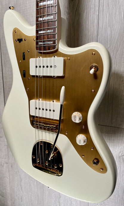 Side view of Used 2022 Squire 40th Anniversary Jazzmaster Gold Edition Olympic White