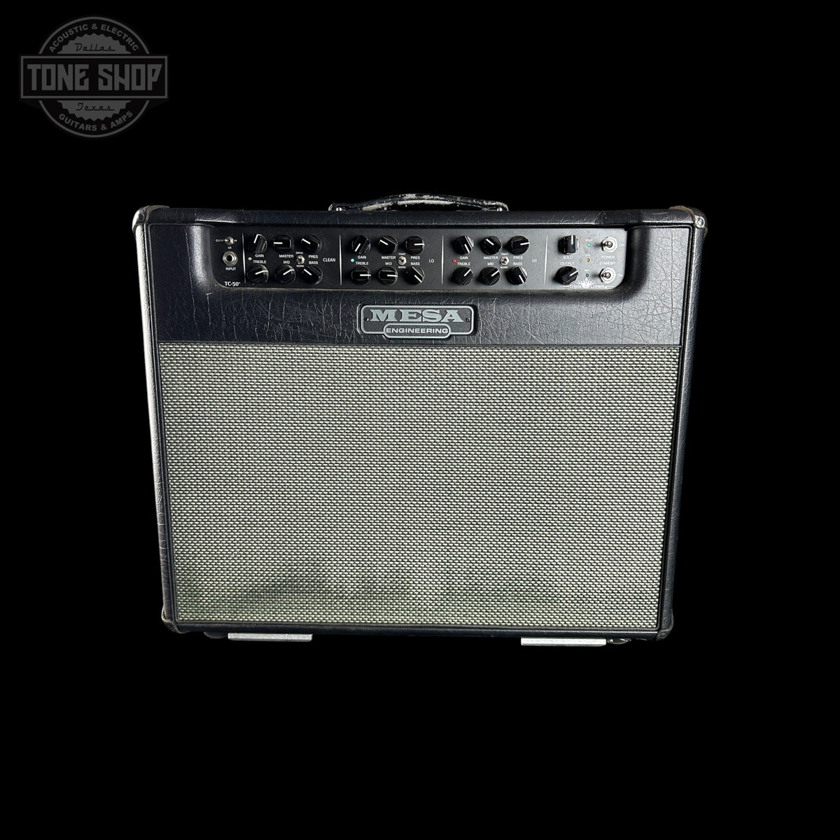 A Mesa studio guitar amplifier with a black cabinet, silver grille, and control panel, shown against a solid black background with a Tone Shop watermark in the top left corner.