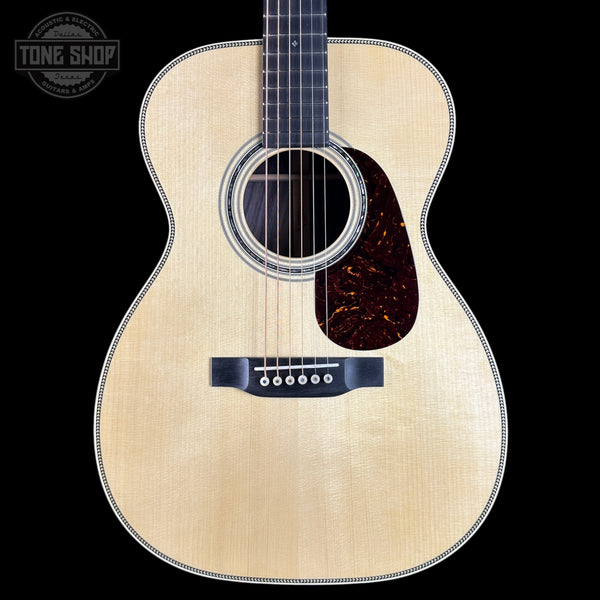 Front of Martin Custom Shop  00-14F 28/45 Style Adirondack/Wild Grain East Indian Rosewood.