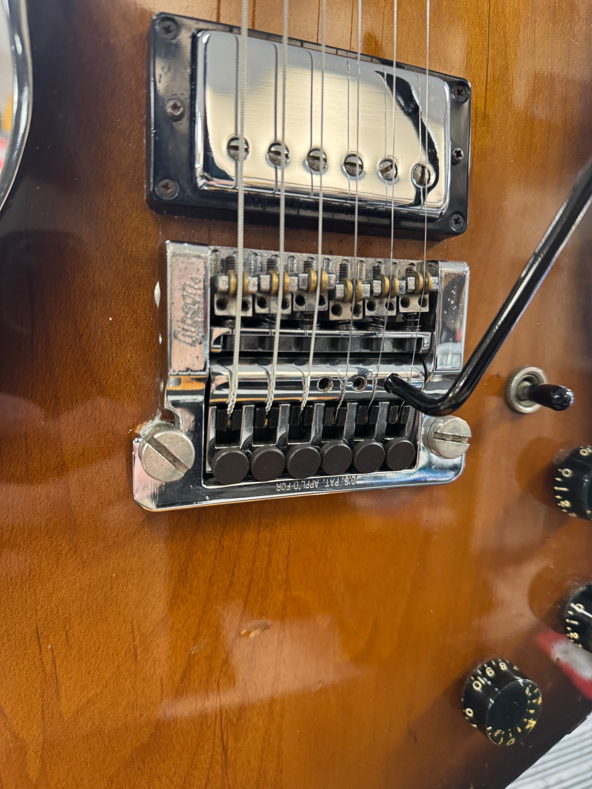 Bridge of Used 1984 Gibson Explorer w/ Factory Kahler & OHSC Vintage Sunburst TSS6094