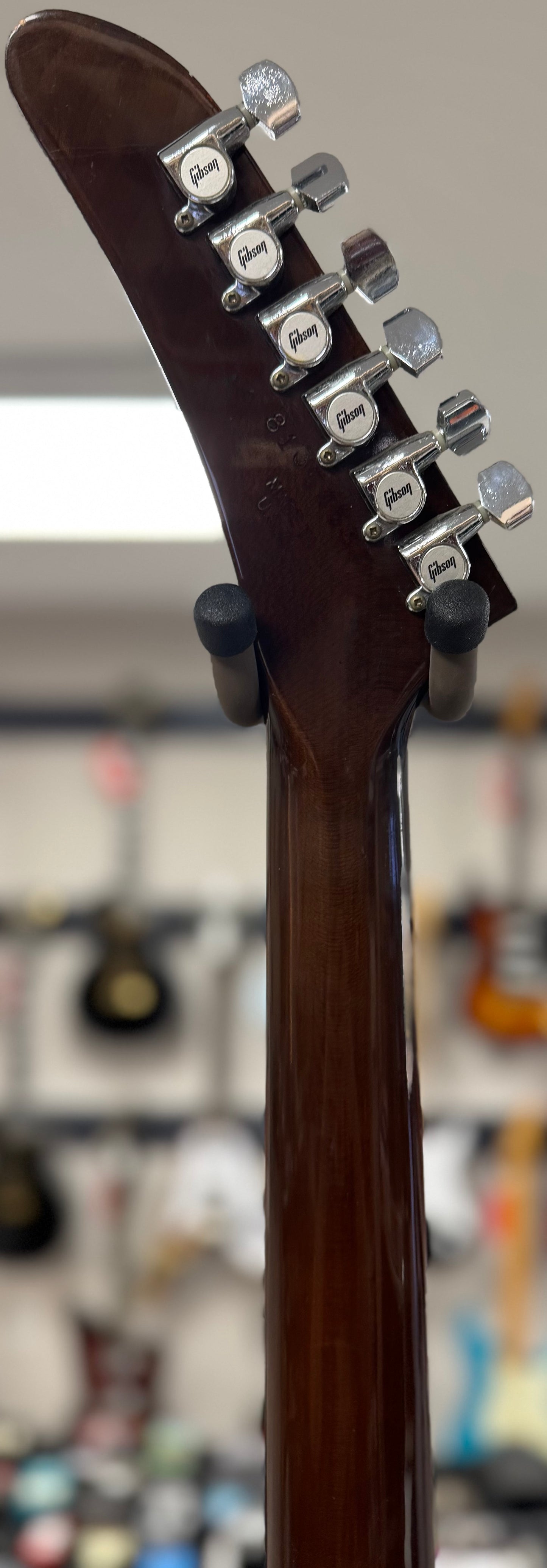 Back of neck of Used 1984 Gibson Explorer w/ Factory Kahler & OHSC Vintage Sunburst TSS6094