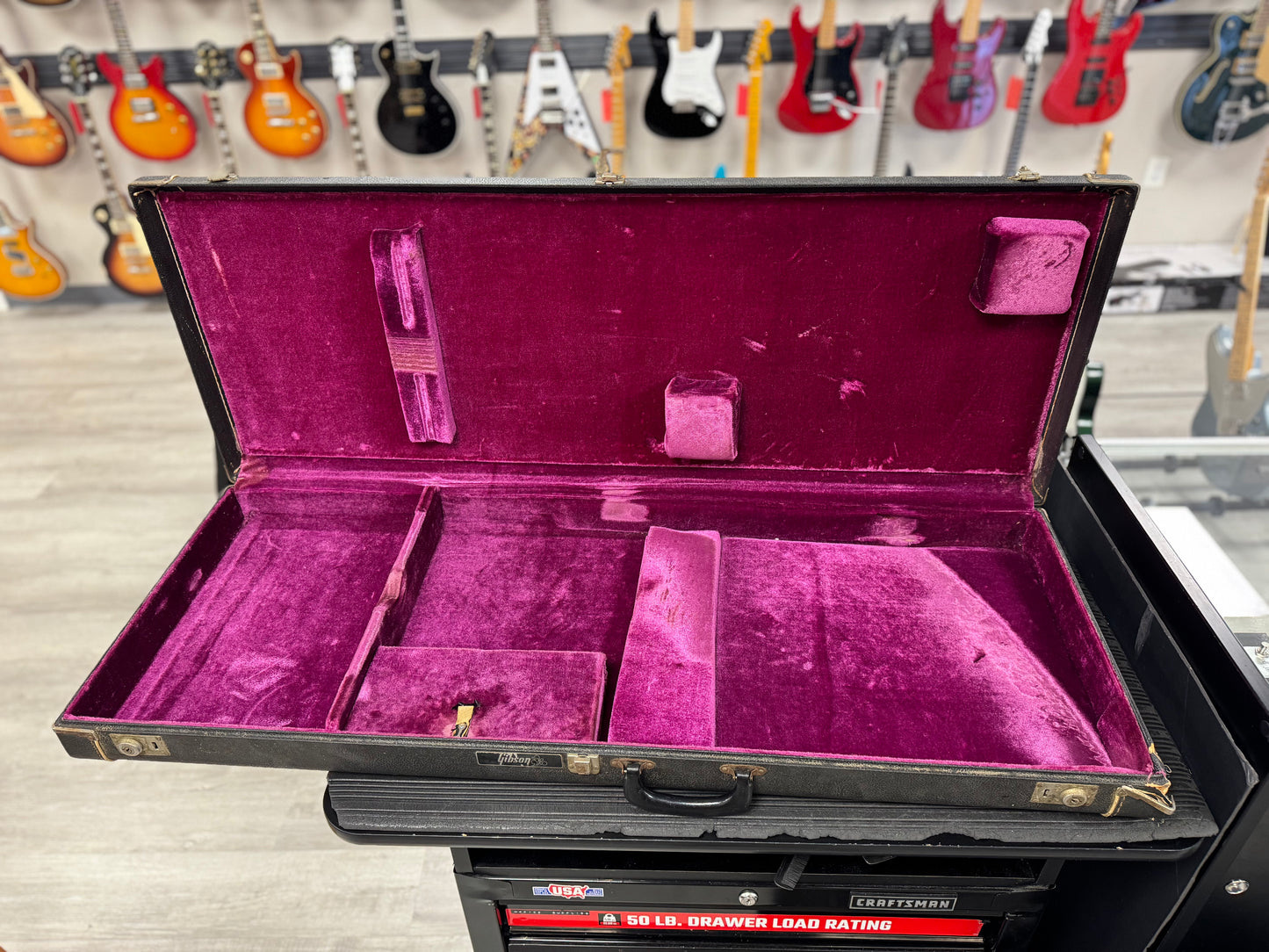 Inside of case of Used 1984 Gibson Explorer w/ Factory Kahler & OHSC Vintage Sunburst TSS6094