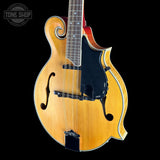 Front angle of Used Epiphone Mandolin MM50E /VN Natural.