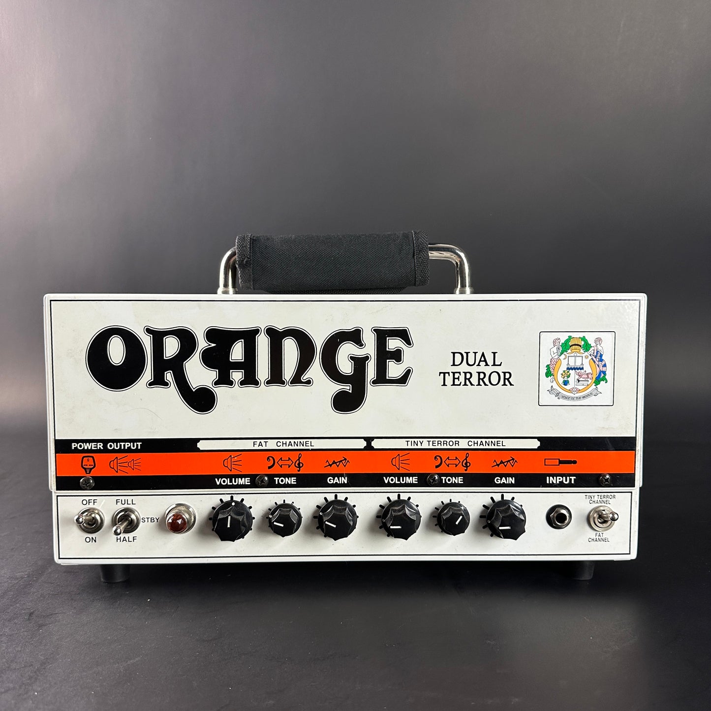 Orange Dual Terror guitar amplifier head on a dark background