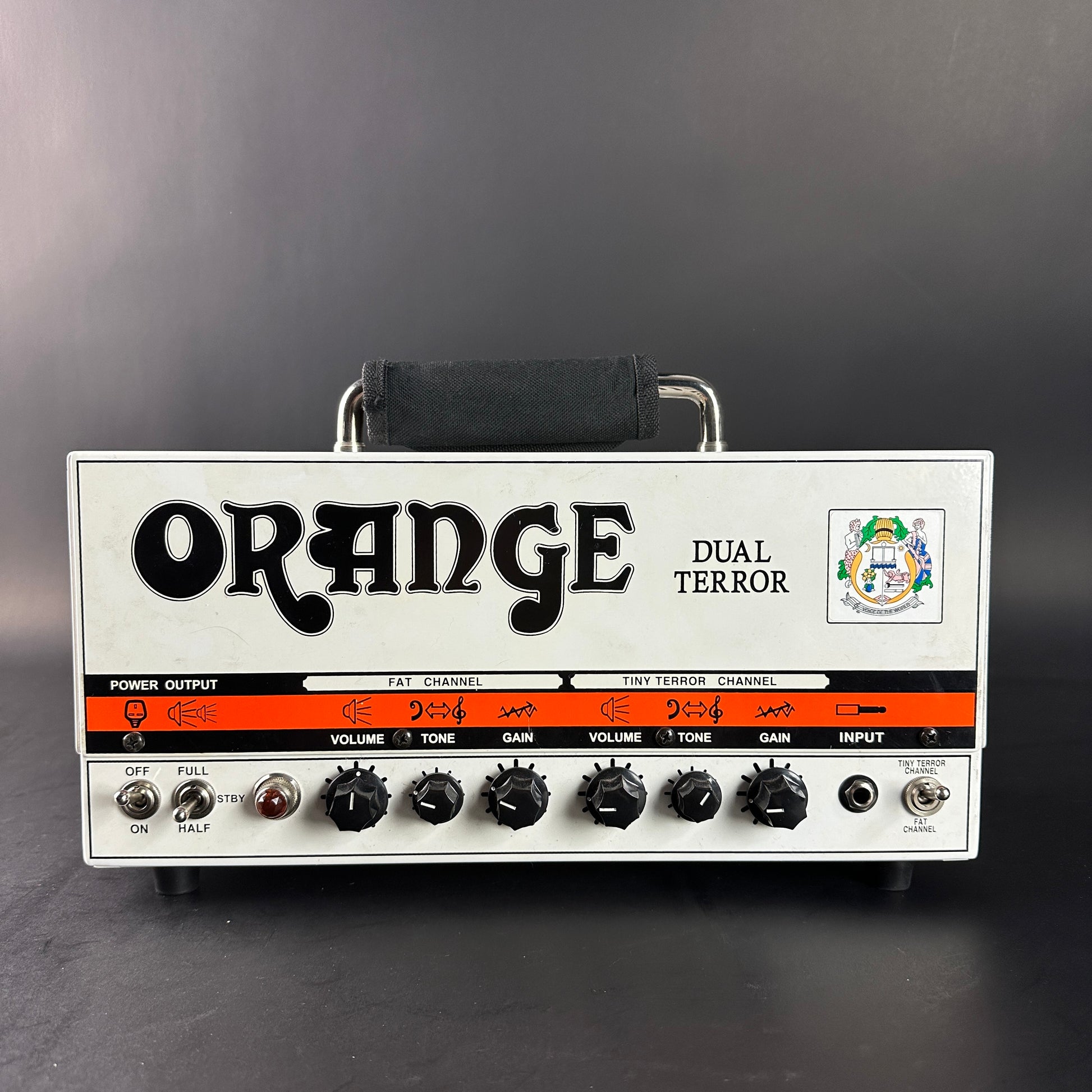 Orange Dual Terror guitar amplifier head on a dark background