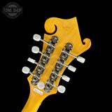Back of headstock of Used Epiphone Mandolin MM50E /VN Natural.