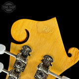 Back of headstock of Used Epiphone Mandolin MM50E /VN Natural.