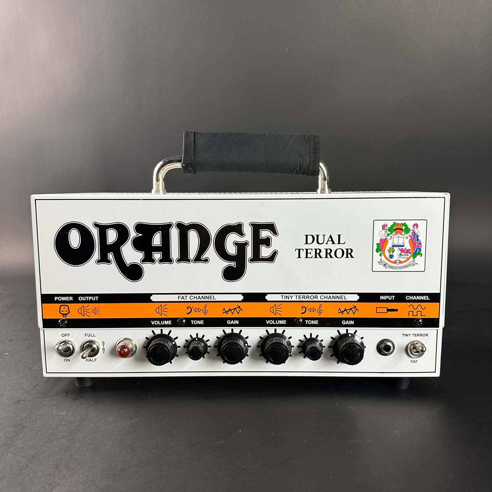 Orange Dual Terror guitar amplifier head on a dark background