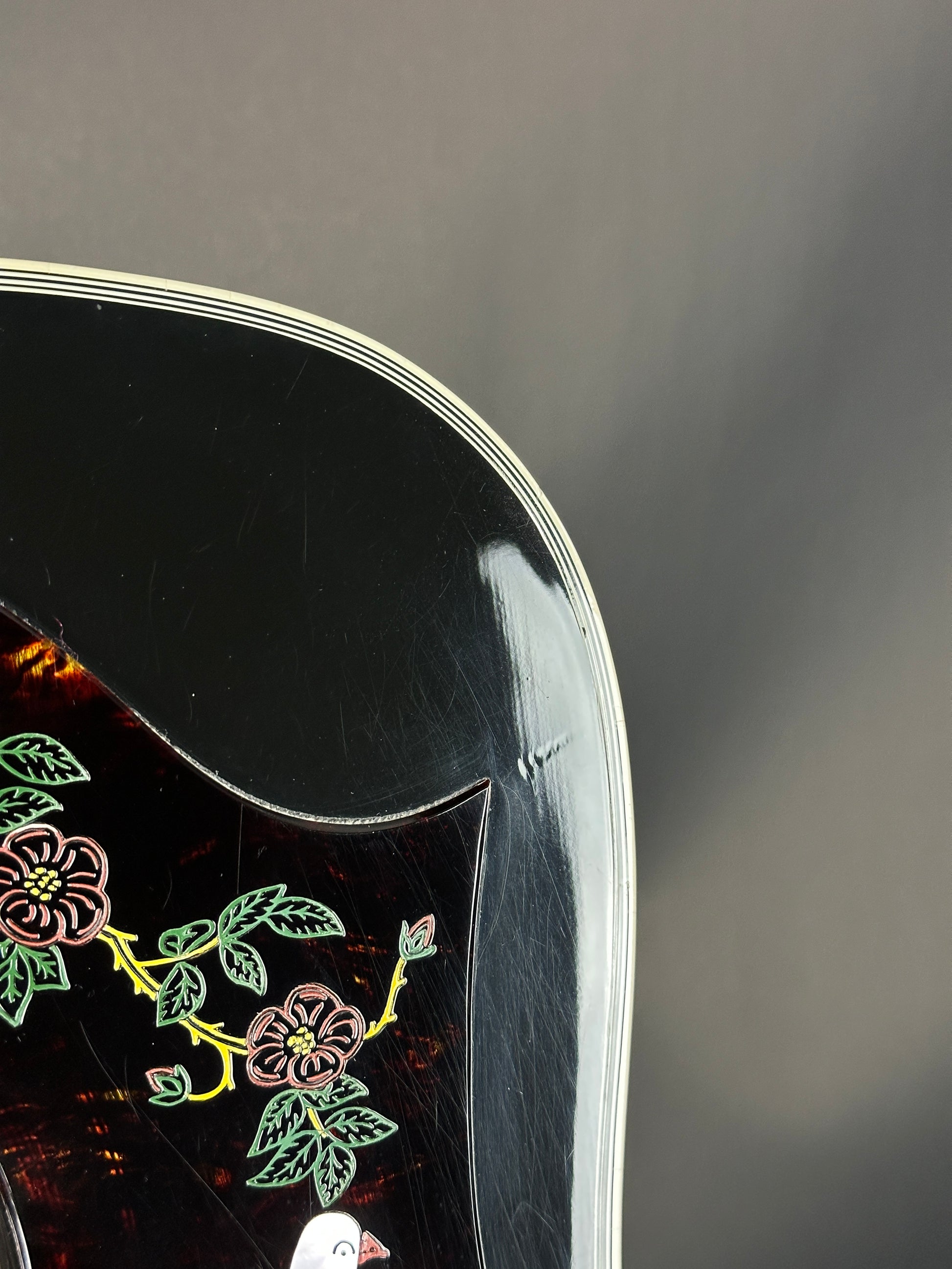 Close-up of a black guitar with pickguard with floral designs on a dark background
