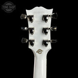 Back of headstock of Gibson Custom Dove Alpine White LR Baggs VTC.