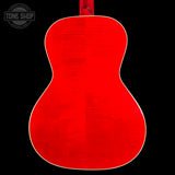The back of a guitar with a vibrant, glossy red finish and a white binding edge, shown against a solid black background with a Tone Shop watermark in the top left corner.