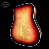 Back angle of Gibson Custom Made 2 Measure Hummingbird Maple Long Scale Tri-burst LR Baggs VTC.