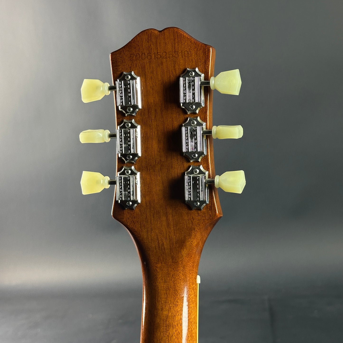 Close-up of a guitar headstock with tuning pegs on a gray background