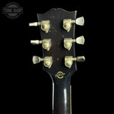 Back of headstock of Gibson Custom Made 2 Measure Dove Double Guard Trans Ebony Light Aged.