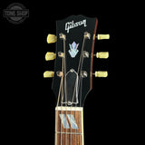 Headstock of Gibson Custom Made 2 Measure J-185 Original Mahogany Gold Top VOS LR Baggs VTC.
