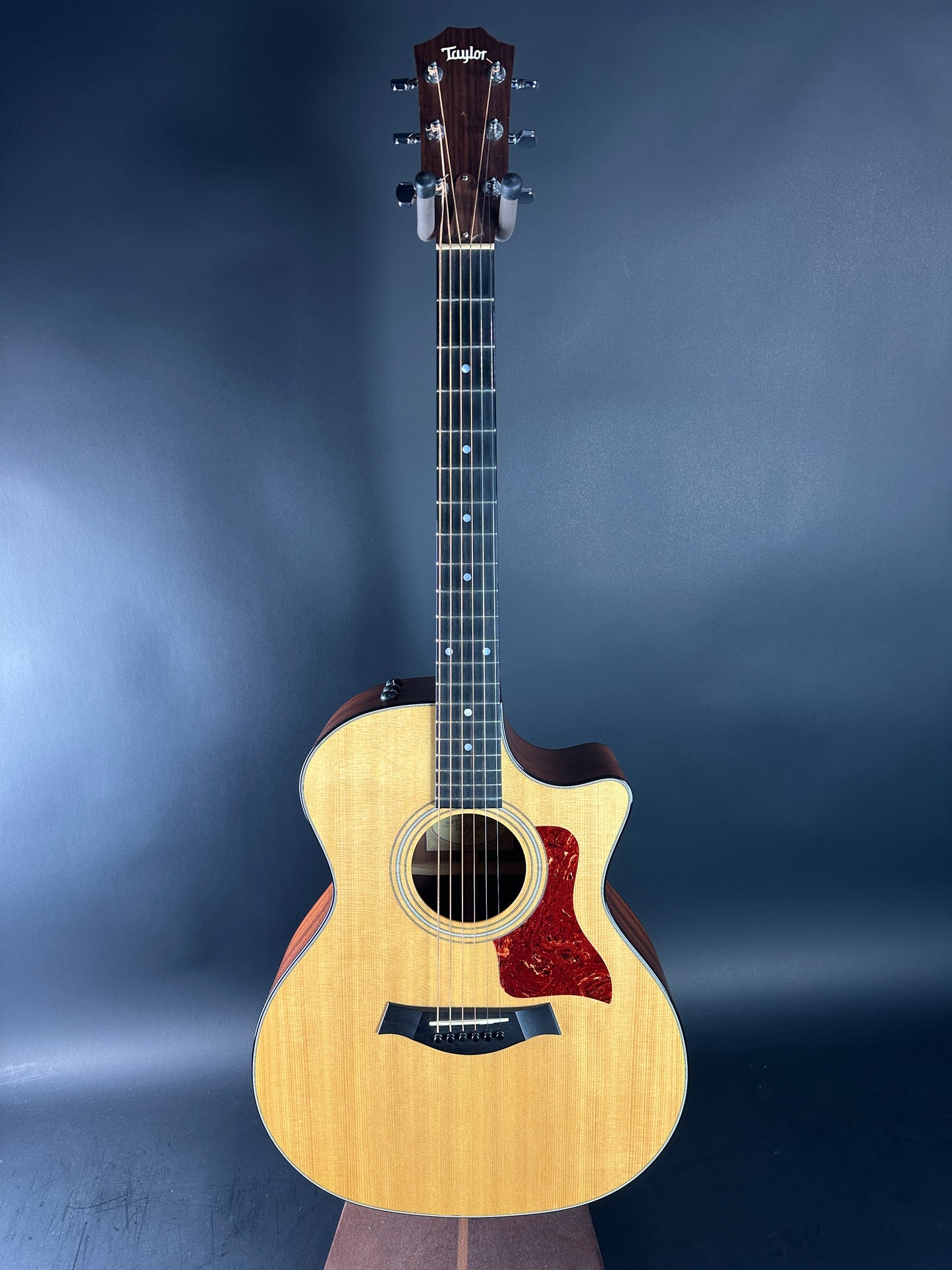 Acoustic guitar on a dark blue gradient background