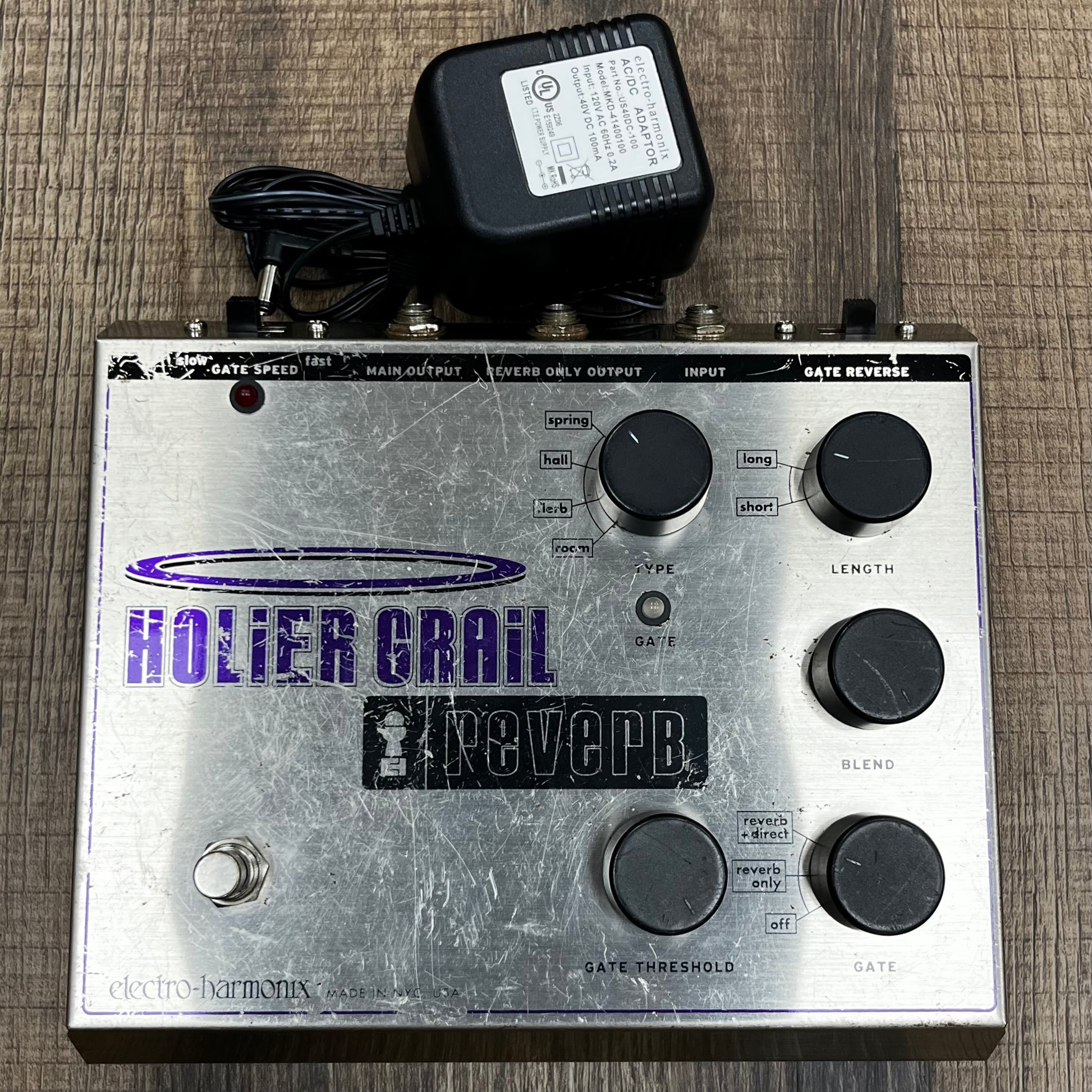 Top of w/power supply of Used EHX Electro-Harmonix Holier Grail Reverb Pedal TFW92