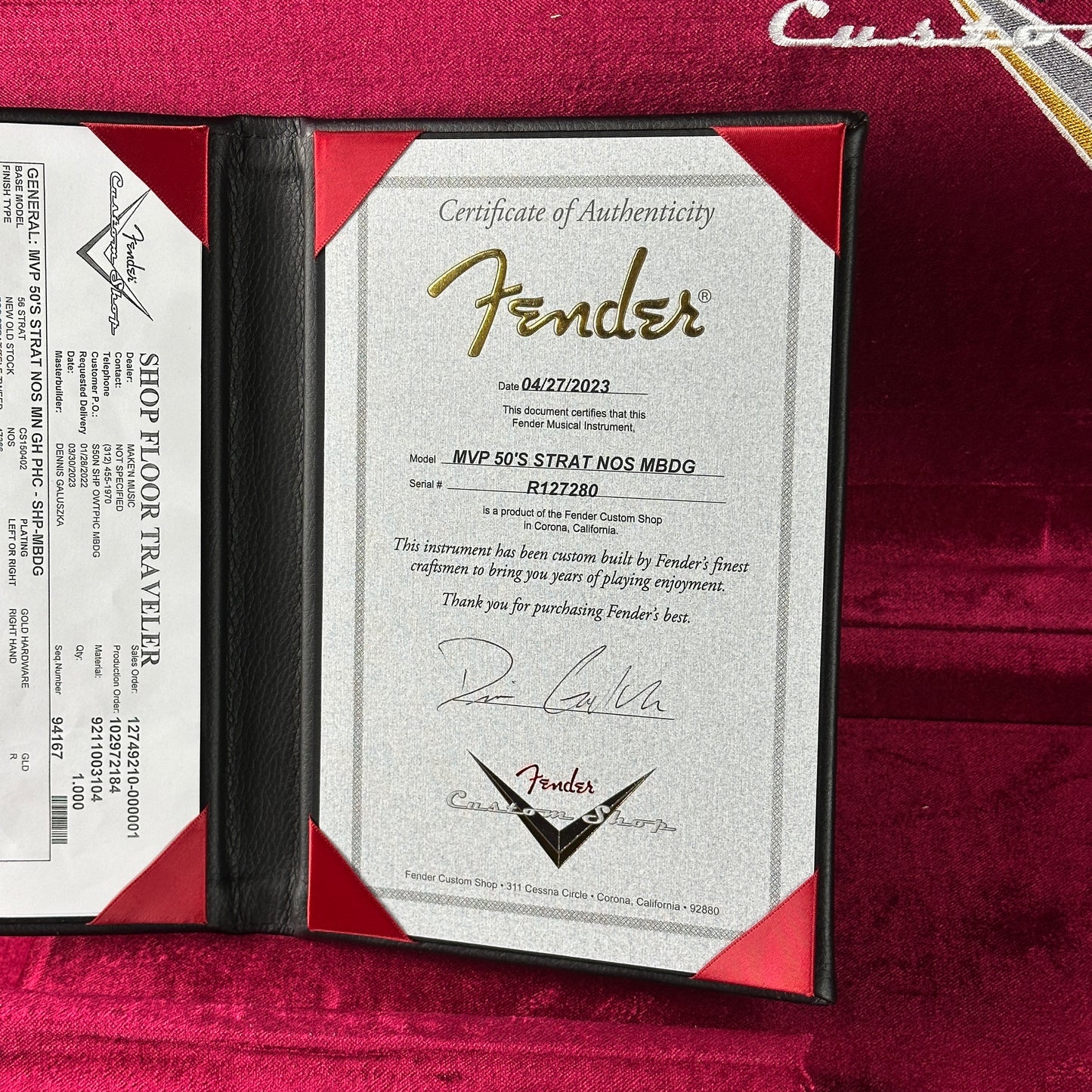 Fender certificate of authenticity on a red background
