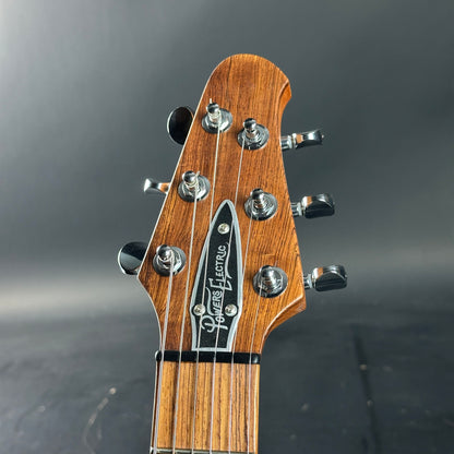 Close-up of a guitar headstock with brand name on a dark background
