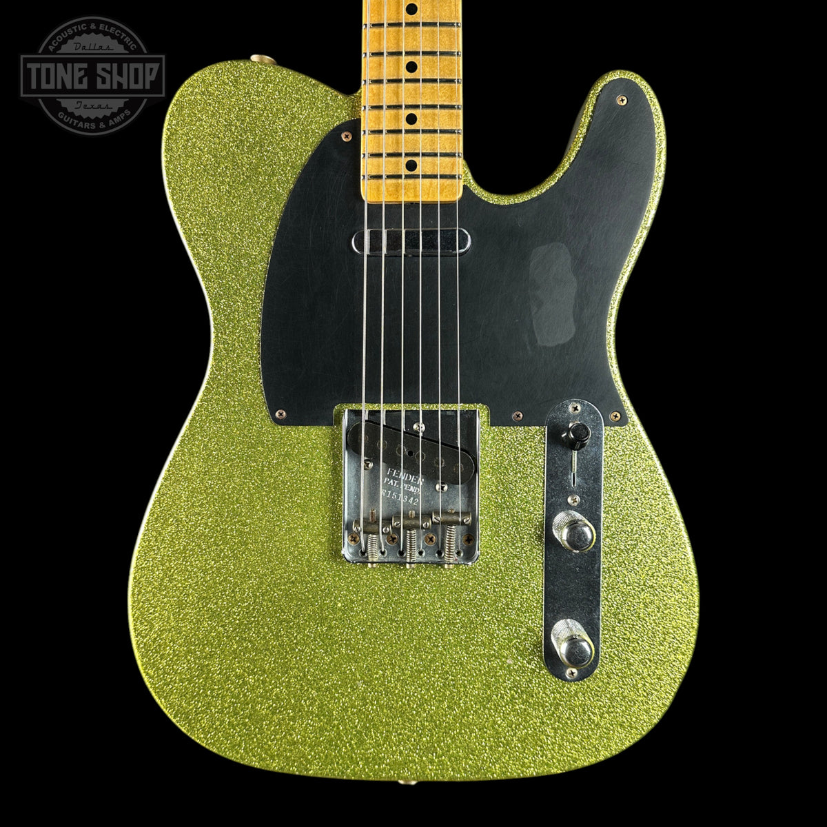 Front of Fender Custom Shop TSG Exclusive ’52 Telecaster Chambered Chartreuse Sparkle Journeyman Relic.