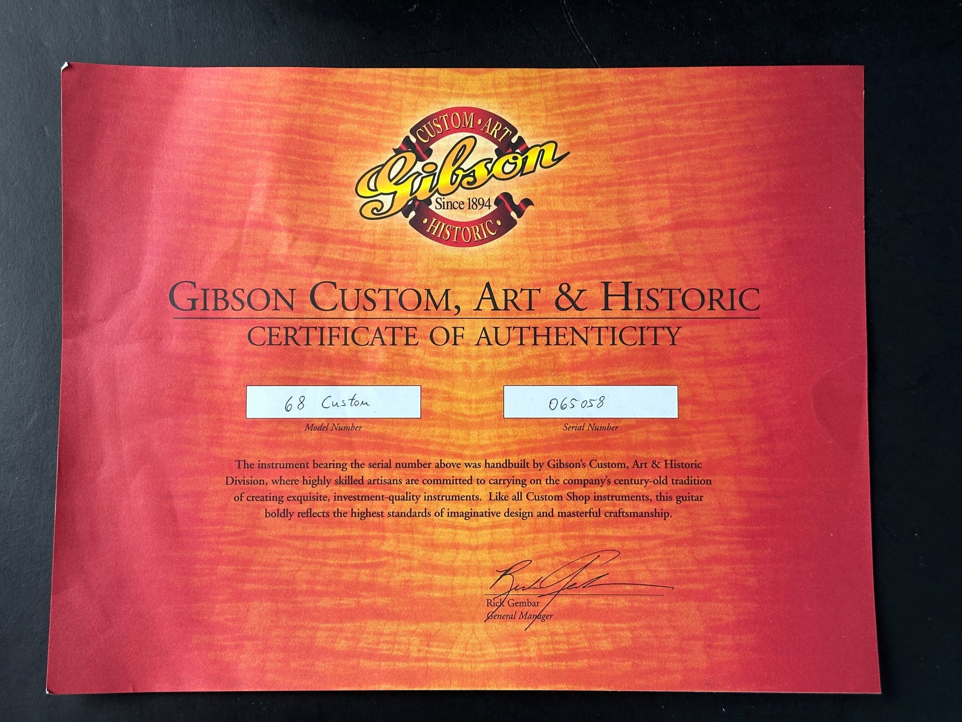 Gibson Custom, Art & Historic Certificate of Authenticity on a dark background