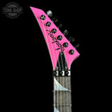 Headstock of Jackson Custom Shop USA Special Edition Soloist Platinum Pink.