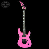 Full front of Jackson Custom Shop USA Special Edition Soloist Platinum Pink.