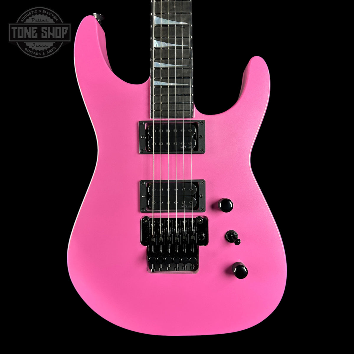 Front of Jackson Custom Shop USA Special Edition Soloist Platinum Pink.