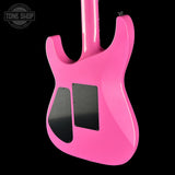 Back angle of Jackson Custom Shop USA Special Edition Soloist Platinum Pink.