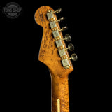Back of headstock of Used 2015 Fender Custom Shop Artisan Okoume Strat.